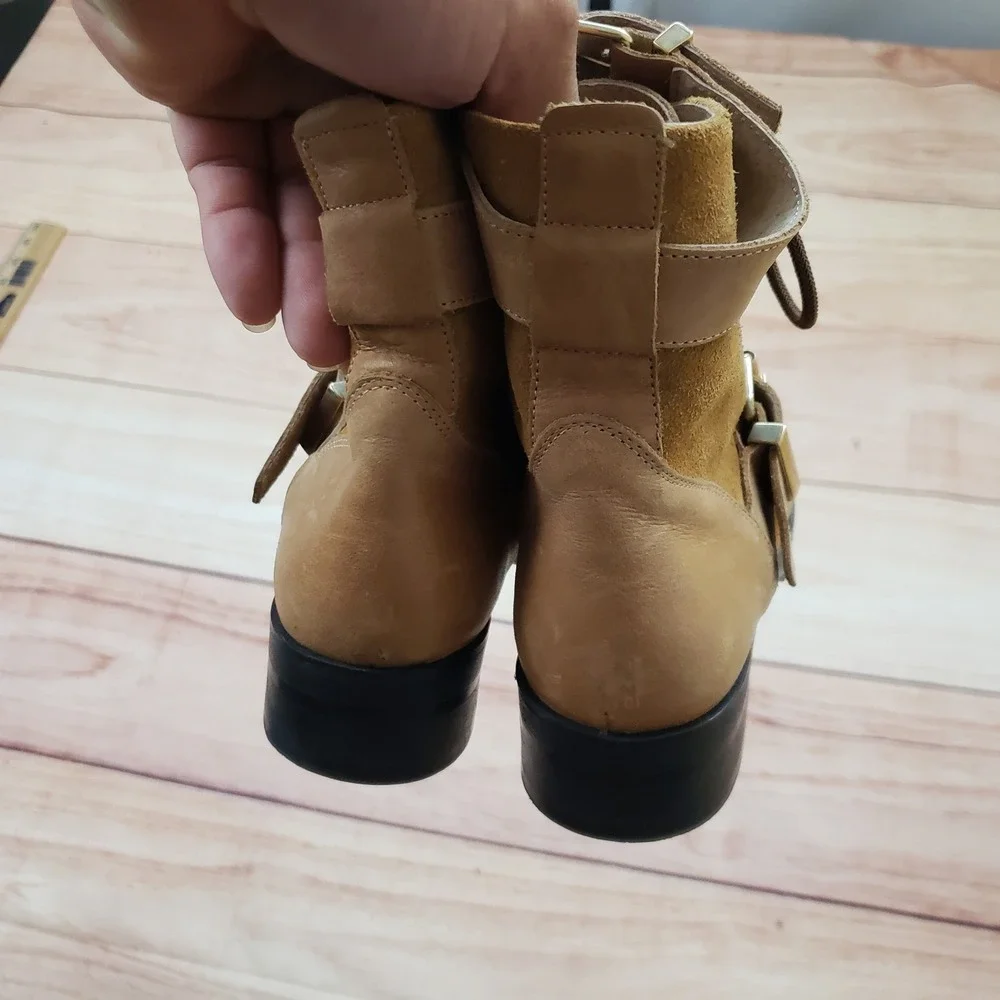 Free People Boots Womens 37 Tan Leather Suede Lace Up Buckle Ankle Combat Bootie